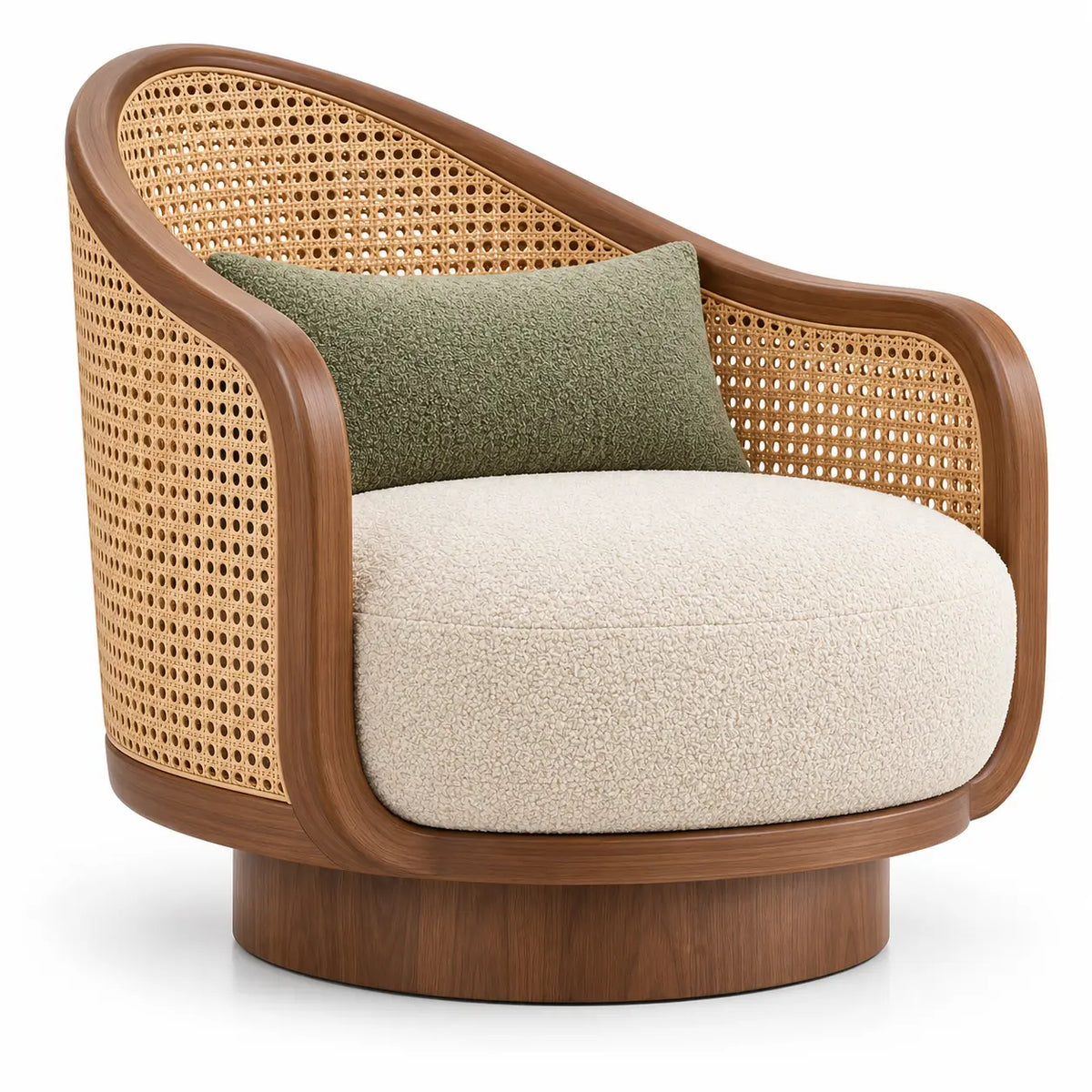 Poltrona, scocca intrecciata e base circolare, marrone/beige