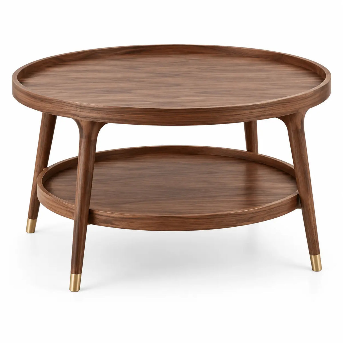 Tavolino da salotto, piano rotondo con bordo rialzato e ripiano inferiore, marrone