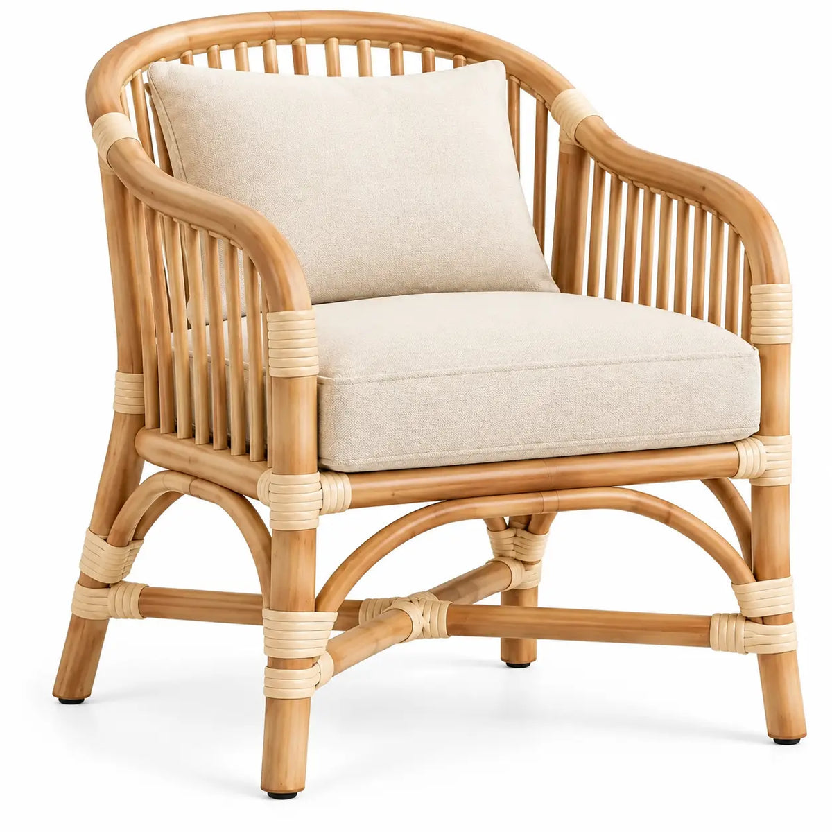 Poltrona, braccioli a listelli e cuscini imbottiti, marrone/beige