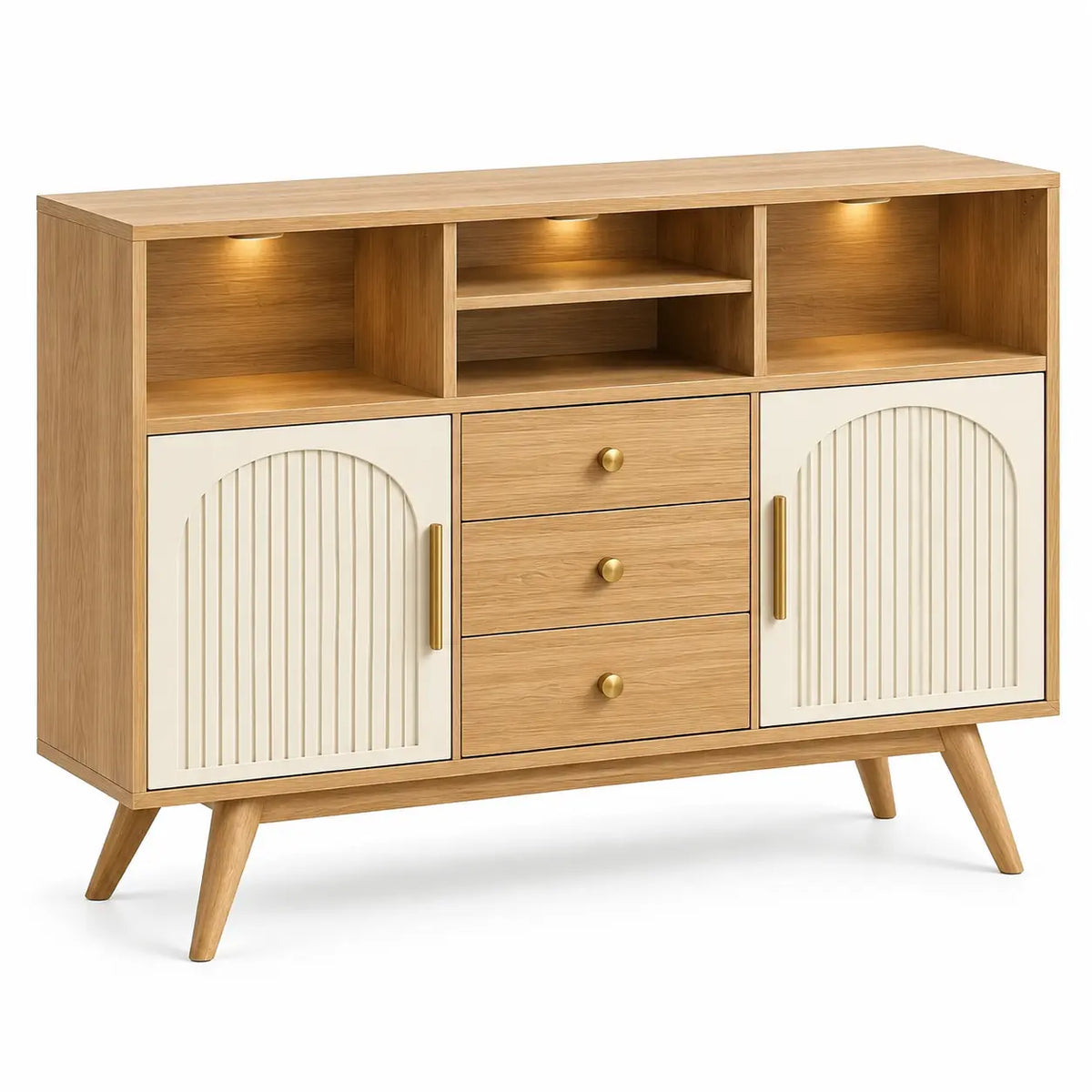 Credenza, vani superiori, ante scanalate e cassetti centrali, marrone/beige