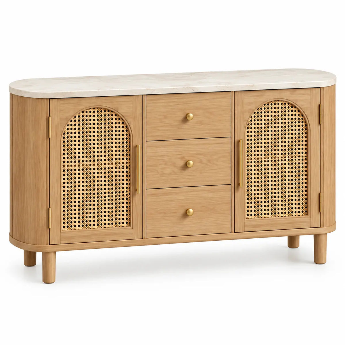 Credenza, due ante intrecciate e tre cassetti, marrone/beige