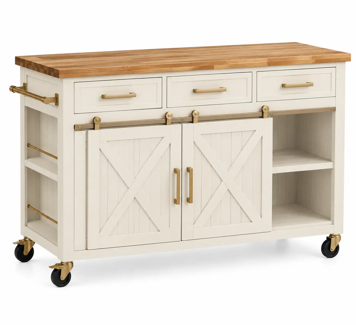 Carrello da cucina, cassetti, ante incrociate e ripiani laterali, beige/marrone