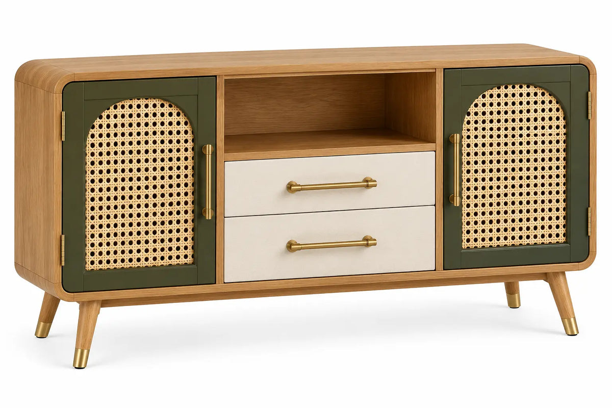 Mobile porta televisore, ante intrecciate e due cassetti centrali, marrone/verde/beige
