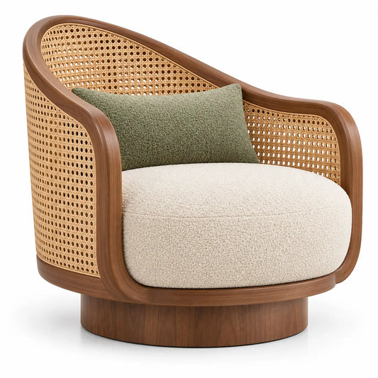 Poltrona, scocca intrecciata e base circolare, marrone/beige