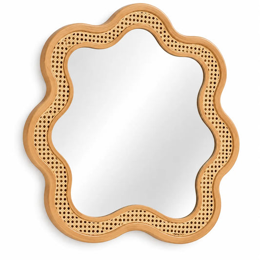 Specchio da parete, cornice intrecciata con bordo ondulato, marrone