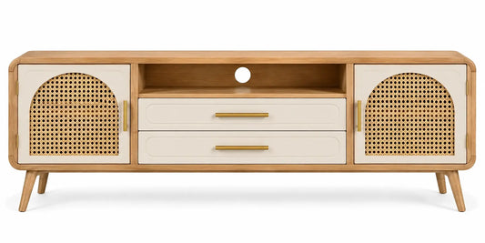 Mobile porta televisore, ante intrecciate e due cassetti inferiori, marrone/beige