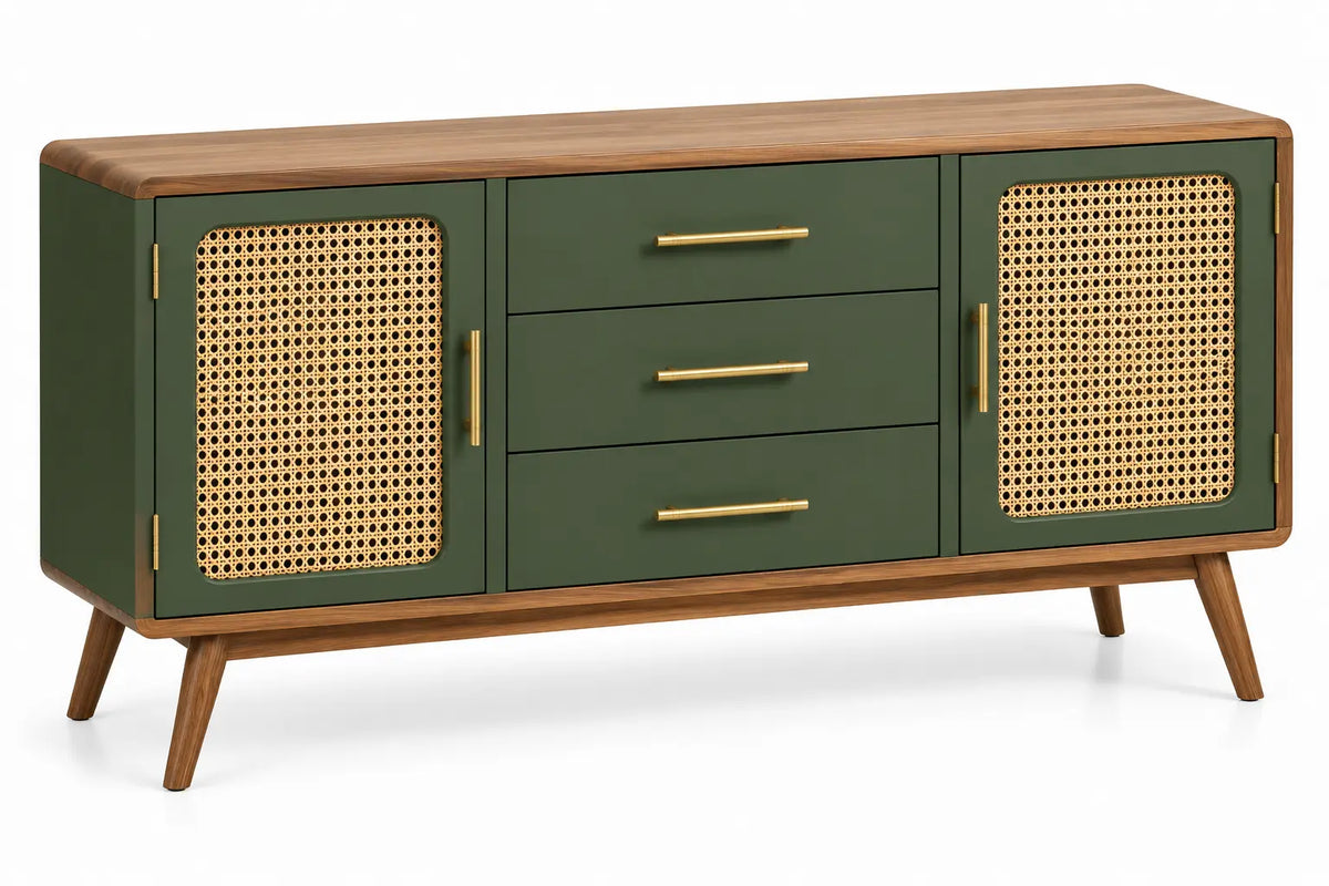 Credenza, due ante intrecciate e tre cassetti centrali, verde/marrone