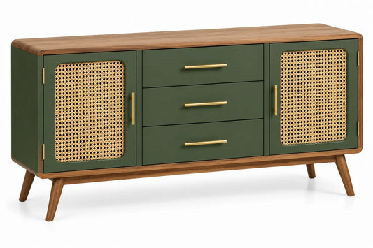 Credenza, due ante intrecciate e tre cassetti centrali, verde/marrone