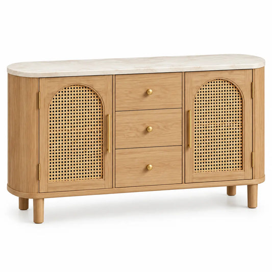 Credenza, due ante intrecciate e tre cassetti, marrone/beige