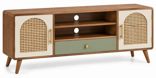 Mobile porta televisore, ante intrecciate, ripiani e cassetto centrale, marrone/beige/verde