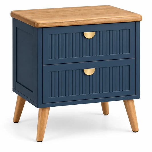 Comodino, due cassetti scanalati e pomelli semicircolari, blu/marrone/oro